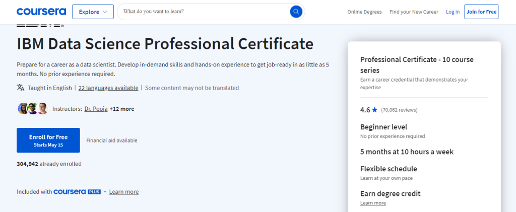 4. IBM Data Science Professional Certificate (Coursera)