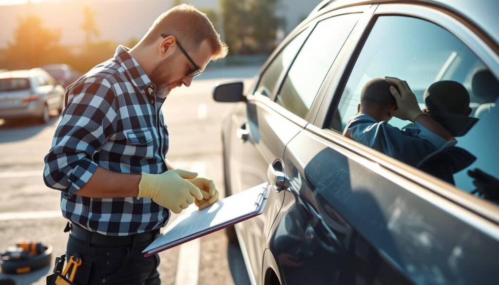 Auto Insurance Adjuster Examining Vehicle Damage